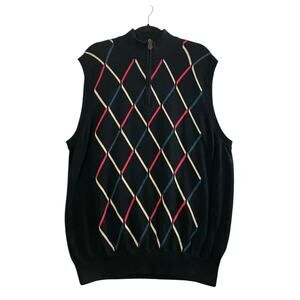 ST. ANDREWS of Scotland Men's Black Argyle 1/4 Zip Sleeveless Sweater | Size XL
